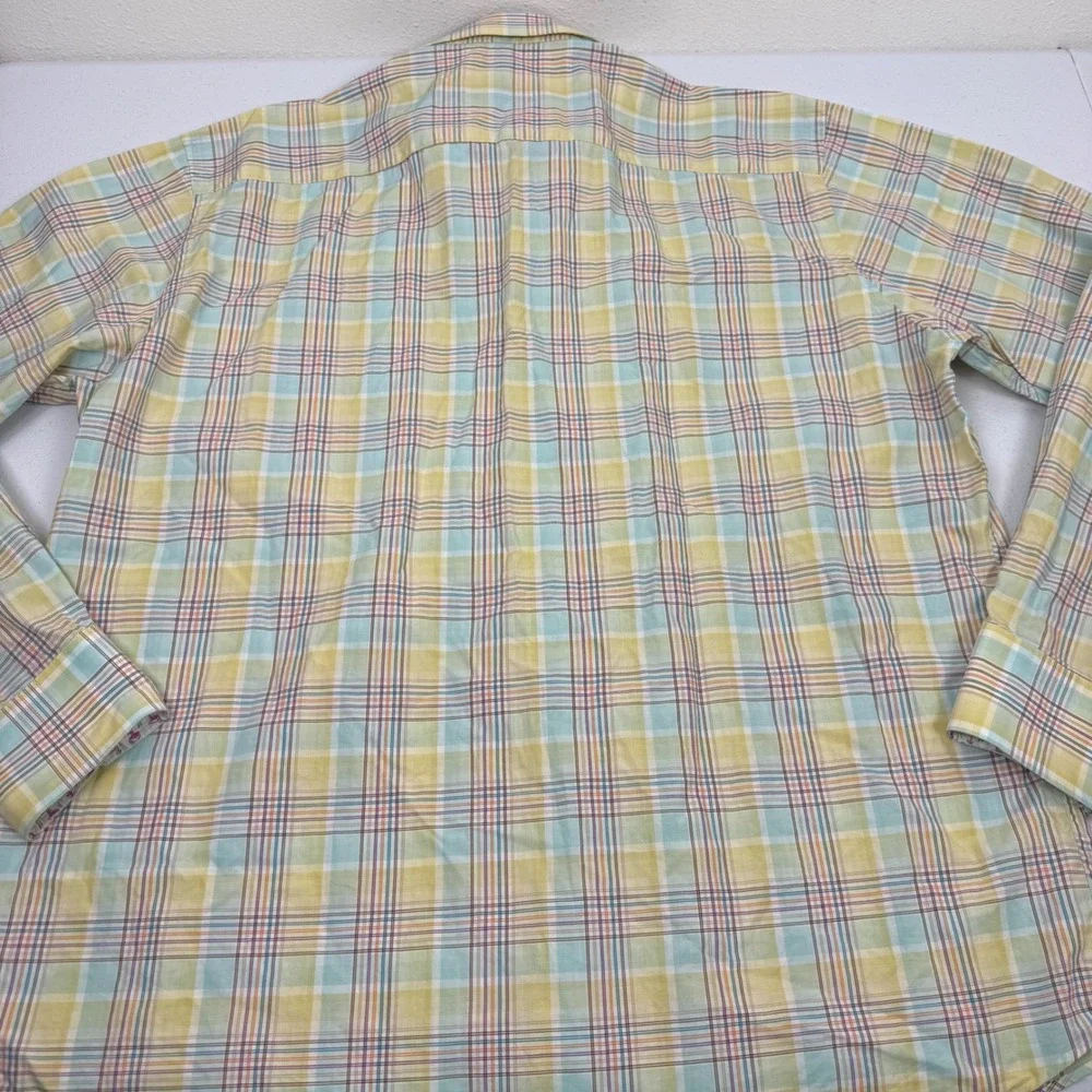 Bugatchi Mens Classic Fit‎ Plaid Button Down Shirt Yellow Green Flamingo Large
